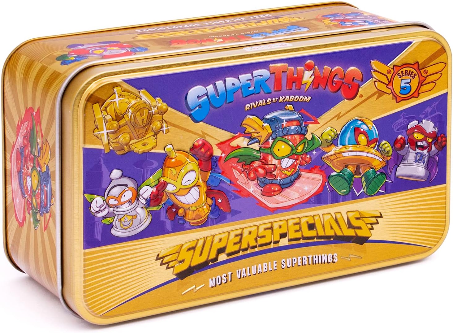 SUPERTHINGS Lata Gold Serie 5, Incluye el ultrararo (Kid Fury), los 2 líderes Dorados, los 6 capitanes Plateados y los 2 Aerowagons Dorados