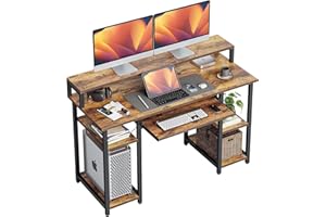 CubiCubi 120x50 cm Computer Desk with Storage Shelves Monitor Stand Keyboard Tray, Home Office Desk, Study Writing Table, Brown