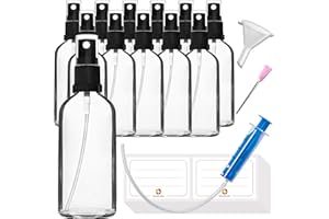 HandsUnity 100ml-12 piezas de Botella de Vidrio para Rociador - Botellas de Vidrio Transparente para Farmacia con Botella de Vidrio Atomizador Negro Hecha de Vidrio Claro que incluye 29 Accesorios
