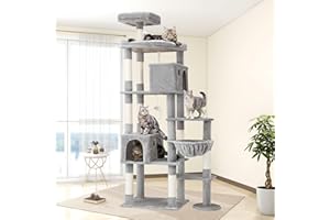 Globlazer Kratzbaum XXL für Große Katzen, Katzenbaum Groß hoch 213 cm mit 2 Katzenhaus, 55 * 45CM Plattform, Sitzstangen, Korb, Luxus Katzenturm Stabil für 3-5 Katzen Erwachsene Innen (F83, Hellgrau)