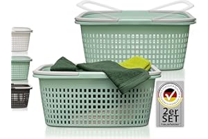 Hausfelder Wäschekorb grün 35L – 2er Set Wäschekörbe eckig Plastik, stapelbar mit Henkel, Wäschesammler 58x37x25cm für Haushalt (2 Körbe)