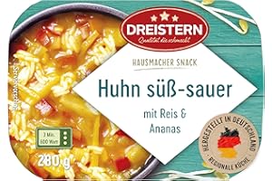 ‎DREISTERN DREISTERN Huhn Süß-Sauer 280g I Mit Ananas & Reis I Herzhaftes Fertiggericht in Mikrowellenschale I Lange Haltbarkeit dank natürlicher Konservierung I Hausmacher Qualität