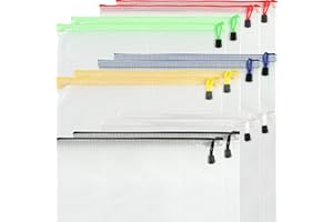 TOP-PINDU A4 Plastic Wallets Zipped Bags, Ziplock Bags Mesh Document File Folders（6Colors, 12 Pcs)