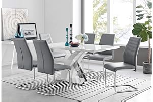 Furniturebox UK Dining Set - Atlanta Rectangle Chrome Metal Modern Stylish High Gloss White 6 Seater Dining Table and 6x Elephant Grey Luxury Faux Leather Lorenzo Dining Chair (Table + 6 Chairs)