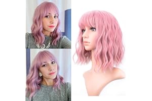 VCKOVCKO Pastel Wavy Wig With Air Bangs Women's Short Bob Purple Pink Wig Curly Wavy Shoulder Length Synthetic Cosplay Colorful Wigs for Girls (12",Purple Pink)