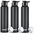 PEXPO Chromo 1000 ISI Certified Stainless Steel Sports/Fridge Water Bottle With Sipper & Steel Cap, 950ml, Knight Black, Pack of 3| BPA Free | Water Bottle for Office, Gym, School, Yoga, Trekking