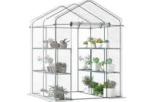 Outsunny Walk in Greenhouse with 3-Tier 8 Shelves, Green House with Hemmed Cover, Roll-up Zipped Door, Steel Frame, 143 x 143 x 195cm