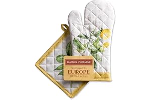 Maison d' Hermine Limoncello Ensemble de Gants de Four de (19cm x 33cm) et maniques de (20cm x 20cm), 100% Coton, pour Barbecue, Cuisson, Four, Micro-Ondes, grillades, Printemps/été, Pâques