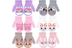 QKURT 6 Pares de Guantes de Invierno para Niños, Guantes Elásticos Mágicos para Bebés, Manoplas de Cálidas Punto Suaves con Estampados de Dibujos Animados para Niños y Niñas