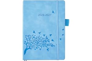 Kalender 2026 2027 A5 1 dag 1 sida, dagsplanerare (aug-jul) med månadsöversikt, anteckningar, kontakt, väska och PU inbundet