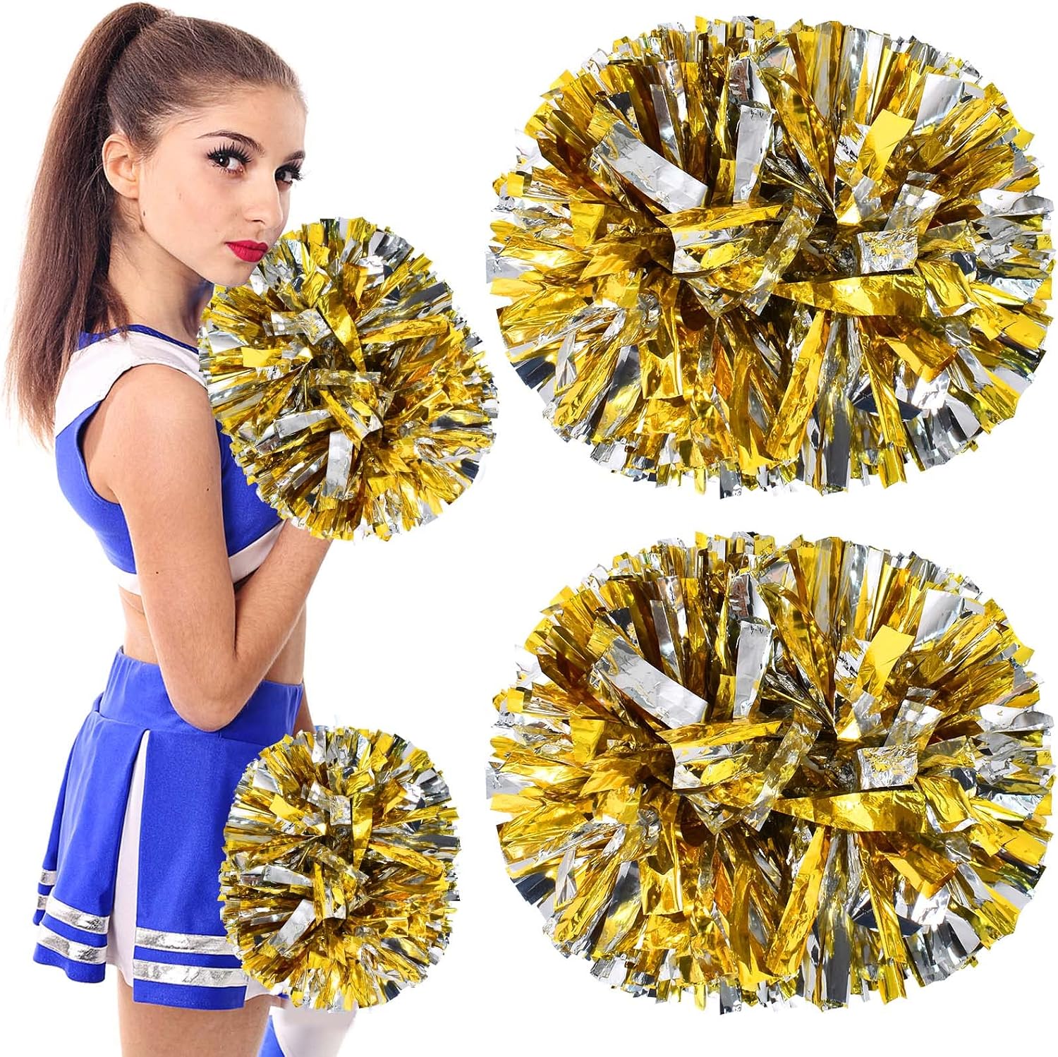 Colexy Pompones de Animadora, 2 Piezas Cheer Leader Poms Animadora Poms, Cheerleading Pom Poms Metallic Cheers Bola de Flores con Mango, para Competición Deportiva, Celebración Navideña