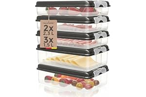 Hausfelder Aufschnittboxen für Wurst und Käse 3x1,5L + 2x2,3L + 5x Deckel, Kühlschrank Organizer, stapelbare Aufschnittdosen, Wurstdosen Käsedosen Set mit Deckel