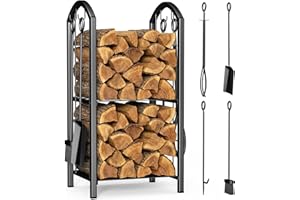 VOUNOT® Porte Bûches de Cheminée avec 4 Outils Grande et 2 Étagères en Métal Grande Capacité Support de Stockage de Bois Intérieur Extérieur Range Bûches Multi Accessoires 75 * 38 * 38cm Noir
