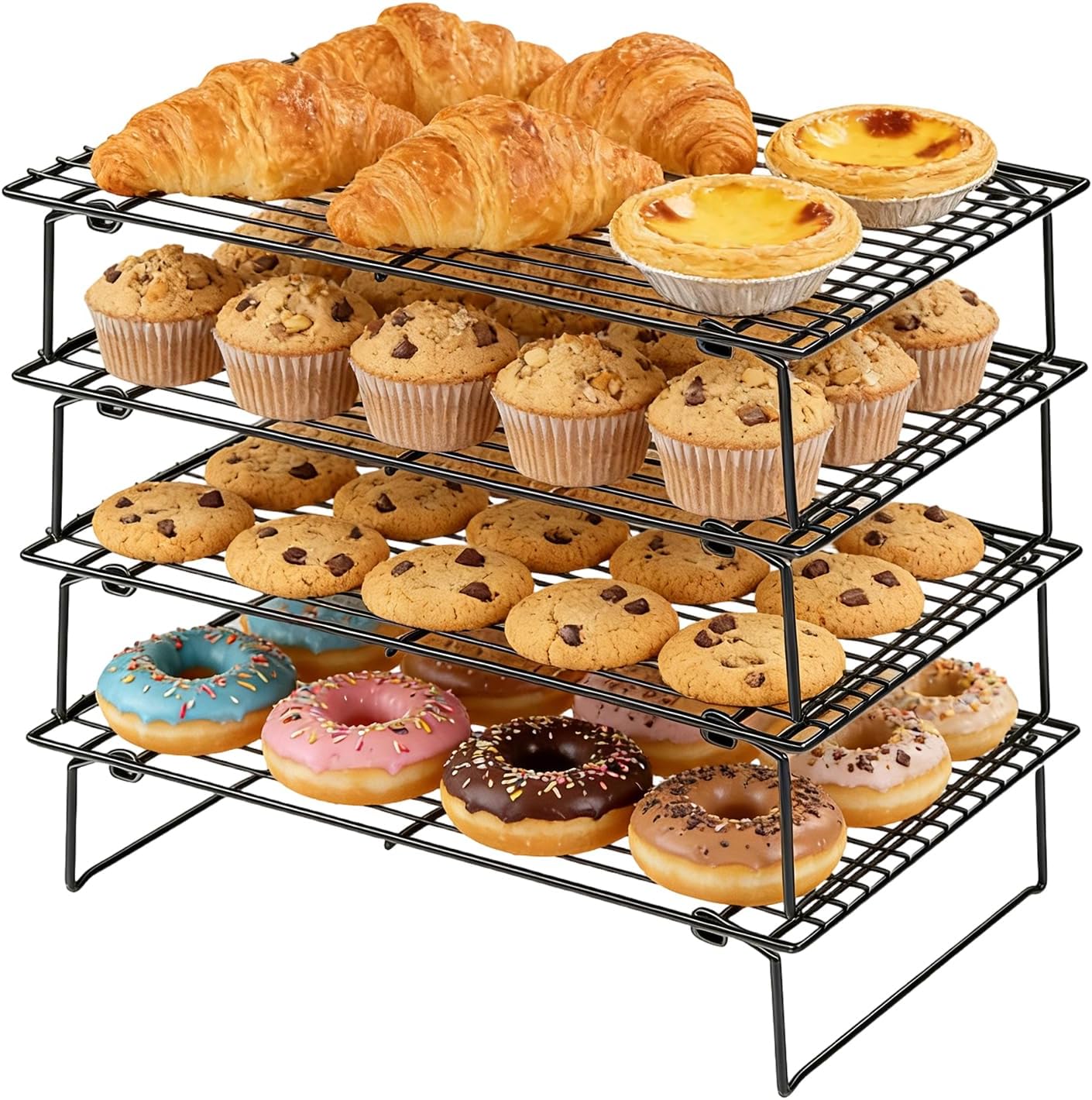 Sifxouped Juego de 4 Rejillas de Enfriamiento Apilables 40 x 25 cm Rejillas para Tartas con Revestimiento Antiadherente Plegables Aptas para Galletas Tartan sin BPA Aptas para Horno Lavavajillas