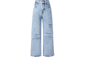 SEAUR Jeans Déchirés pour Filles Taille Haute Denim Jeans Y2K élastique Baggy Casual Ados Fille 5-14 Ans Trousers Pants