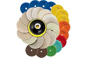 SPTA 15pcs Diamond Wet Polishing Pads Set, 4 inch Pads for Granite Stone Concrete Marble Floor Grinder or Polisher, 50#-6000# with Hook & Loop Backing Holder Pads for Wet Polisher