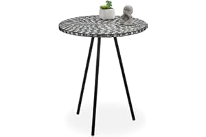 relaxdays Ronde mosaïque, d’appoint, Décorative, Table Jardin, Fait Main, HxD: 50 x 41 x 16 cm, Noir Blanc, Fer, MDF, Verre, Schwarz-weiß, 50 x 41 x 41 cm