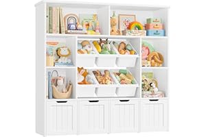 FOREHILL Mueble Organizador Juguetes, Mueble almacenaje Juguetes, estanteria Montessori, Organizador de Juguetes Infantil, estanteria Infantil, 4 cajones con Ruedas, 6 Cajas, Blanco, 125x33x121.5cm