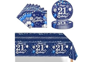 POPOYU 37Pcs Navy Blue Silver 21st Birthday Tableware Set,21st Birthday Napkins Blue and Silver,21st BlueSilver Table Cloth,21stBirthday Paper Plates for Him Her Men Women BirthdayGift Party Supplies