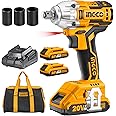 Ingco 20V Brushless Lithium-Ion Impact Wrench with 2Pcs 2.0Ah Batteries, 1Pcs Charger, 3Pcs Sockets, 1/2 Inch, 300NM CIWLI20013