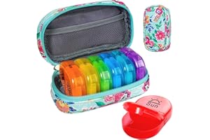 Serfeymi Pill Boxes 7 Day 2 Times a Day AM PM Medicine Organiser Weekly Tablet Organiser Rainbow Pill Box with Portable Zipper PU Leather Pill Case for Pills, Supplement, Fish Oils, Vitamin- Green 01
