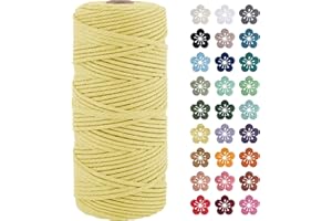 LEREATI Corda Macrame 3mm x 100m, Filo Macrame 3mm Cordoncino Cotone Naturale, 4 Fili Spago Colorato Cordino per Borse Uncinetto, Decorazioni Fai da Te, Arazzo da Parete, Cestini (Giallo Chiaro)