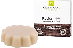 GREENDOOR jabón de afeitar Aloe Vera 80g, espuma cremosa y resistente para un afeitado óptimo, jabón natural con manteca de karité orgánica para un cuidado extra