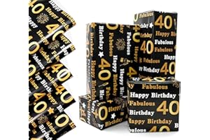 5pcs 50 * 70cm 40th Black and Gold Birthday Gift Wrapping Paper Sheets,QRTDXP Large Gift Wrap Paper Perfect for Wrapping Present or Flower for Man or Woman