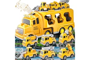Doloowee Construction Truck Toys for Toddlers 7 in 1 Construction Transporter Truck Friction Power Toy Car, Excavator, Bulldozer, Crane and Mixer Christmas Birthday Gifts for 3-7 Years Old Boys