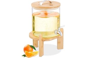 Relaxdays Dryckesdispenser, 5 liter, kalla och varma drycker, bambustativ, termometer, skålbehållare, transparent/natur