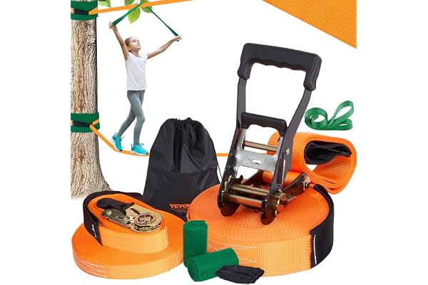 VEVOR Slackline 18,3 m Sangle d'Équilibre Charge 226,8 kg Jeu Complet avec Protecteur d’Arbres Entraîneur de Bras Configuration Facile Parcours d’Équilibre pour Enfants Adultes Débutants et Avancés