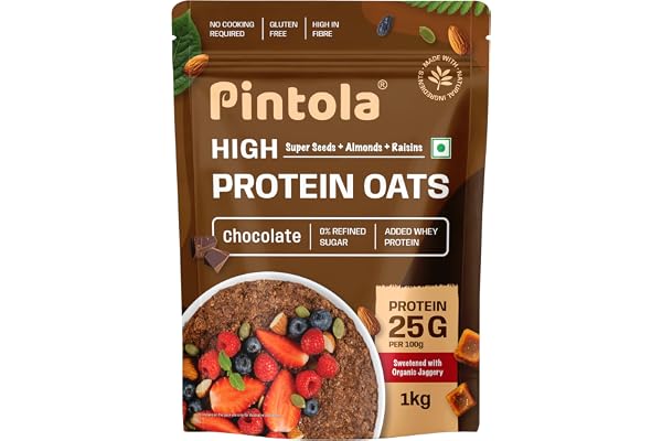 PINTOLA 26g High Protein Oats 1kg, Dark Chocolate, No Refined Sugar, with Almonds, Raisins, Pumpkin & Chia Seeds, 9.6g Fibre, Rolled Oats for Weight Loss, Breakfast Cereals Gluten Free
