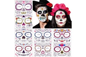 FLYFTREY 8 arkuszy tatuaży na Halloween, na twarz, Dzień Zmarłych, czaszka, szkielet, czerwone róże, fluorescencyjne, tymczasowe naklejki dla mężczyzn i kobiet, Halloween, na imprezę tematyczną, maskarada