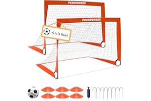 PEAKVONDER Set of 2 Football Goals for Kids, Football Nets for Kids, Goal Posts for Kids Garden with 6 Football Cones, Football, Carry Bag, 120 cm x 90 cm, Portable Pop Up