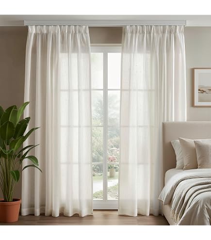 mauro Paire Droite Passe Tringle Vitrage pour fenêtre et Porte Largeur 35/45/50/55/60/65/70/80 voilages prêt à Poser Tissu Effet Lin Blanc naturela  (F   fenêtre 45X135 cm