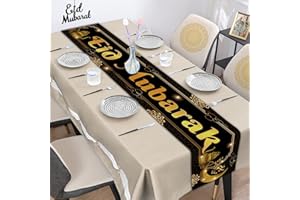 KEPMOV Eid Mubarak Table Runner, Eid Mubarak Decorations for Home Table Black Gold Table Runner Eid Mubarak Table Decorations Mubarak Moon Table Cover Decorations for Dining Islamic Party Supplies, 180x 35cm