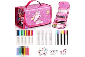 Jofuni Unicorn Pencil Case Colouring Sets, Unicorn Birthday Gifts for Girls 4 5 6 7, Scented Washable Markers Stationery Set, Drawing Colouring Set for Kids, Arts and Crafts Kit for Kids