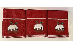 Jansons Direct Linens Christmas Pudding 100% Cotton Three Pack Kitchen Tea Towels in Red for the Festive Season