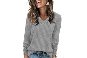 Fisoew Damen Pullover V-Ausschnitt Leicht Langarmshirt Elegant Gerippt Strickpullover Basic Sweatshirt Loose Oberteil mit Knopf