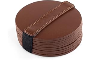 Brute Strength - Posavasos de Cuero de Grano Entero - Coñac - Redondo - 10 Unidades - Posavasos Redondo para Vaso - Posavasos para Bebidas - Incluye Soporte