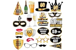 CREAHER 24Pcs 60th Birthday Photo Booth Props, 60th Birthday Decorations Black Gold Photobooth Props for Men Women Funny DIY Birthday Party Props for 60th Birthday Party Decoration