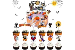 Shinybox Decoración Tartas Halloween, 29 Piezas Halloween Cake Topper, 1 Piezas Adornos para Pasteles Grandes y 28 Piezas Halloween Cupcake Toppers, Decoracion Tarta Halloween Fiesta
