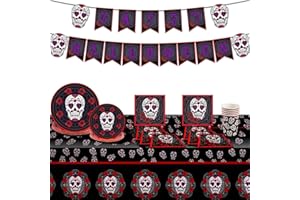 Wonlonda Halloween Tableware 66pcs Halloween Table Decorations Dead Skull Table Cloth Paper Plates Cups Napkins for Halloween and Day of the Dead Party Decoration