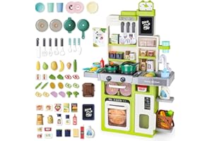 deAO Cucina giochi per bambini con luce sonora acqua vapore e accessori da cucina, set da cucina per bambini con frigorifero, lavastoviglie, fornello, forno, cucina, giocattolo per bambini dai 3 anni