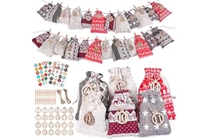 ZUSUZU Calendario Avvento Fai da Te,24 Sacchetti Calendario Avvento,2025 Calendario Dell'avvento da Riempire,Sacchetti per Calendario Dell'avvento per Bambini e Adulti, Sacchetti con Mollette di Legno