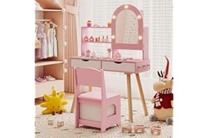 RELAX4LIFE Toeletta Trucco per Bambini con Luci, 3 Colori e Luminosità Regolabile, Set di Tavolo e Sedia con Specchio, Postazione Trucco per Bambini 3+ Anni (Rosa)