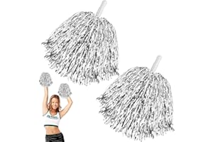GUOSIYAO Pompones Animadora Cheerleading Pompom Con Asas Cheerleader Pompom Cheerleading Pompones plata Mango recto Para Competición Deportiva Celebración Navideña Danza Fiesta 2 Pcs