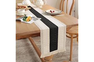MINICOCO Boho Table Runner with Tassels, Woven Cheesecloth Bohemian Decor for Home Dining, Weddings, Parties (Black, 180X30 CM)