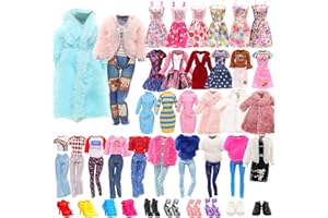 Miunana 28 ubrań dla lalek 30 cm, 1 płaszcz, 1 pluszowy top, 1 sweter, 1 pluszowa kurtka, zestaw 3 modnych sukienek, 3 topów, 3 spodnie, 5 mini sukienek, 10 butów dla lalek 40 cm