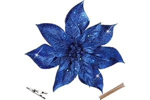 ‎OAIRSE Oairse 8er-Set Künstliche Glitzernde Weihnachtsblumen, Weihnachtssterne mit Clips für Weihnachtsbaum-DIY-Dekoration, künstliche Blumen für Feiertage, Esstisch-Mittelstück, Neujahrs-Ornamente, Blau